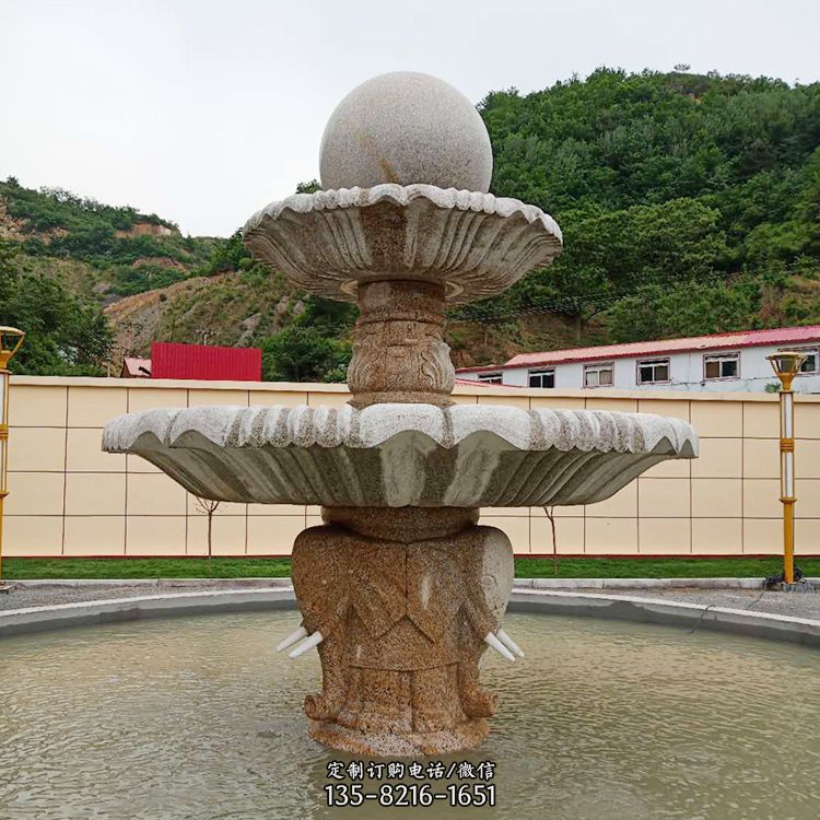 中式喷泉石雕-大型喷水鲤鱼景观雕塑-晚霞红石雕动物喷泉