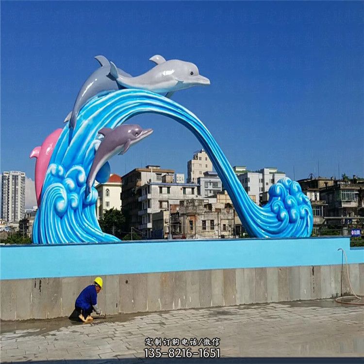 玻璃钢大型景观海豚雕塑-游泳馆游乐场景观雕塑