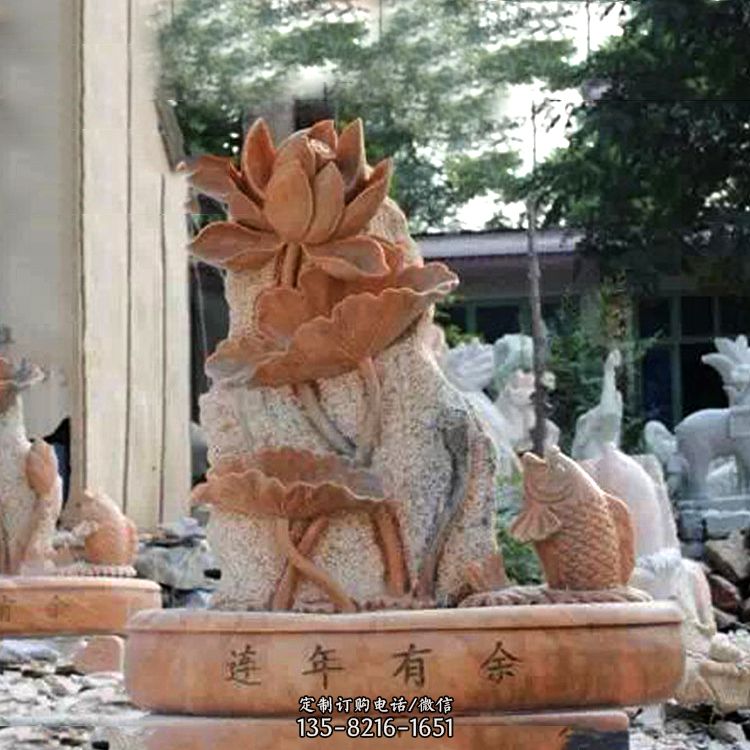 庭院园林连年有余晚霞红石雕景观摆件 庭院园林连年有余晚霞红石雕景观摆件