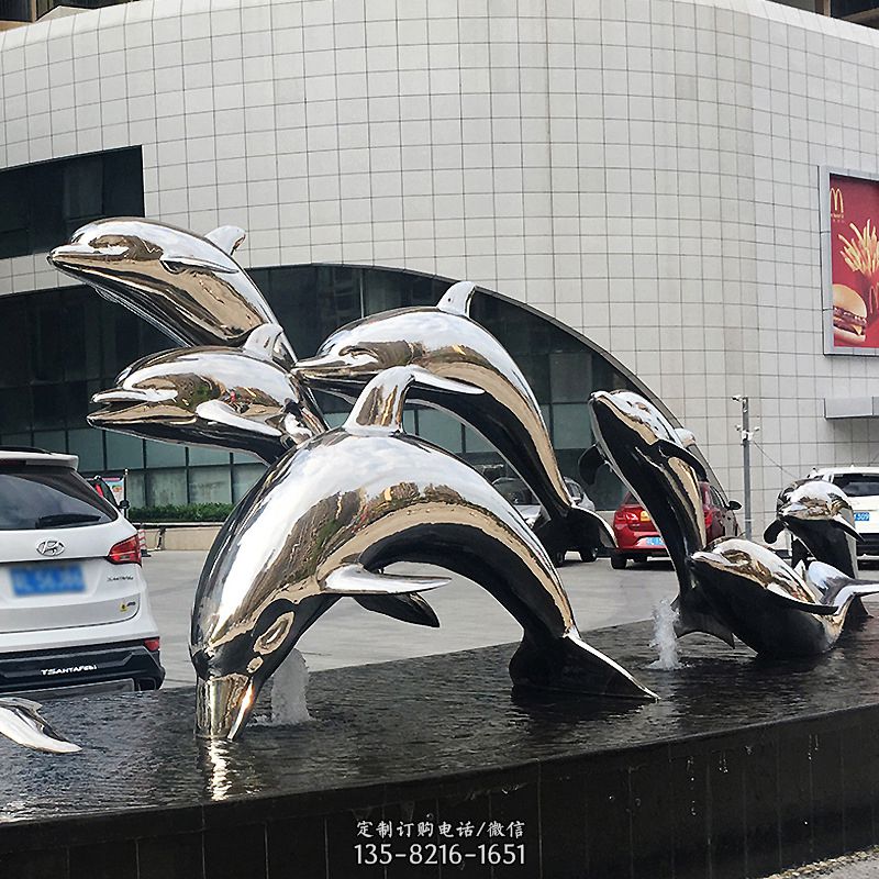 城市商场不锈钢镜面海豚水景景观雕塑摆件