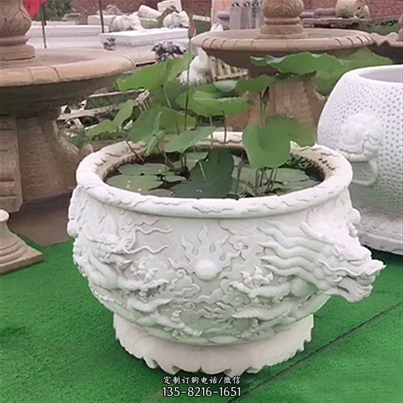 龙形汉白玉石雕水缸 龙形汉白玉石雕水缸