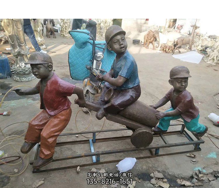 铜雕彩绘庭院玩耍儿童雕塑