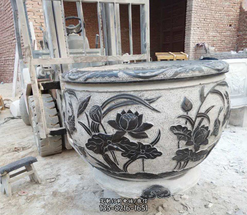 荷花水缸青石浮雕 荷花水缸青石浮雕