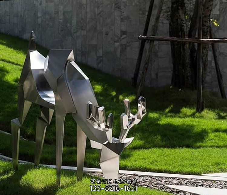 不锈钢几何鹿公园抽象动物雕塑