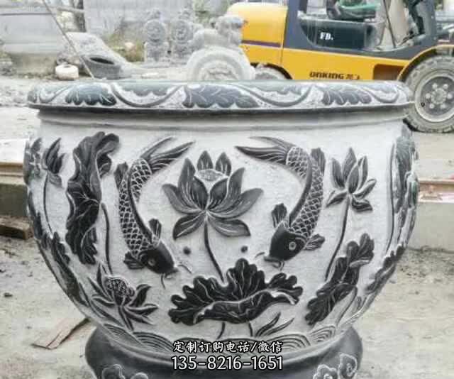 鲤鱼荷花石浮雕水缸 鲤鱼荷花石浮雕水缸