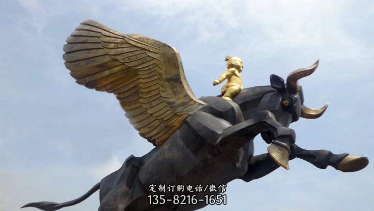广场骑飞牛的小孩景观铜雕