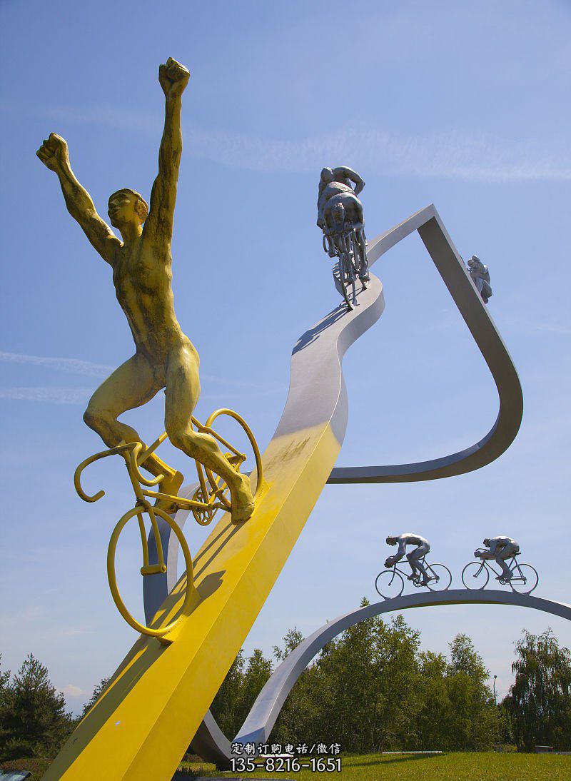 不锈钢自行车比赛人物景观雕塑