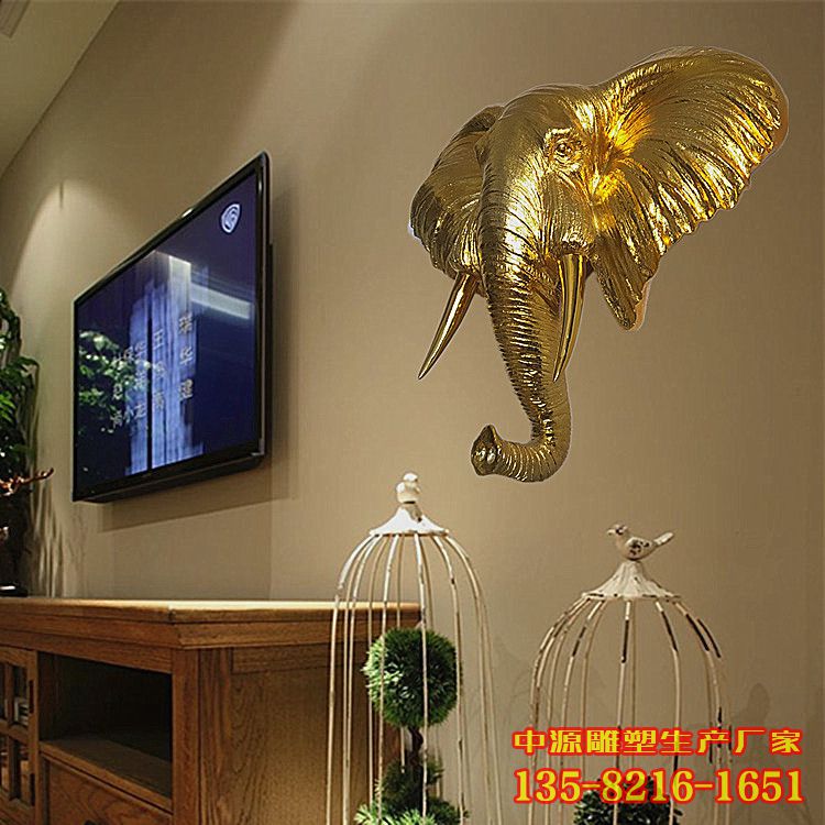 大象墙壁雕塑-金色玻璃钢大象头鼻子