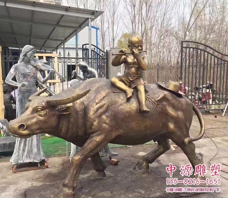 銅雕戶外牧童騎牛