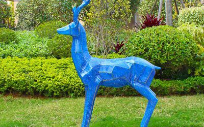 公园别墅小区玻璃钢彩绘几何创意蓝色梅花鹿雕塑