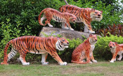 公园里摆放的五只不同形态的玻璃彩绘钢仿真老虎雕塑