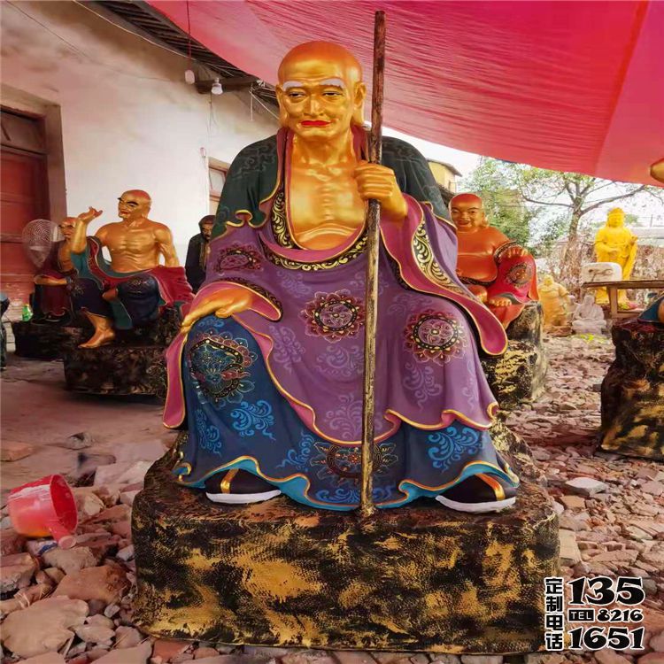 玻璃钢彩绘拿着棍子的十八罗汉雕塑 玻璃钢彩绘拿着棍子的十八罗汉雕塑