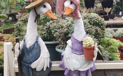 花园里忙碌的两只玻璃钢彩绘鸭子雕塑