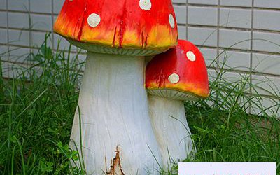 公园草坪两头红色玻璃钢材质蘑菇雕塑