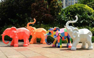公园街道玻璃钢彩绘几何大象雕塑