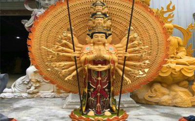 寺庙景区玻璃钢漆金大型景观千手观音雕塑