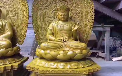 寺庙玻璃钢彩绘漆金佛像三圣佛雕塑