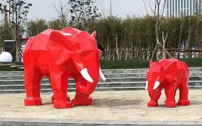 公园景区大象玻璃钢彩绘红色几何大象雕塑