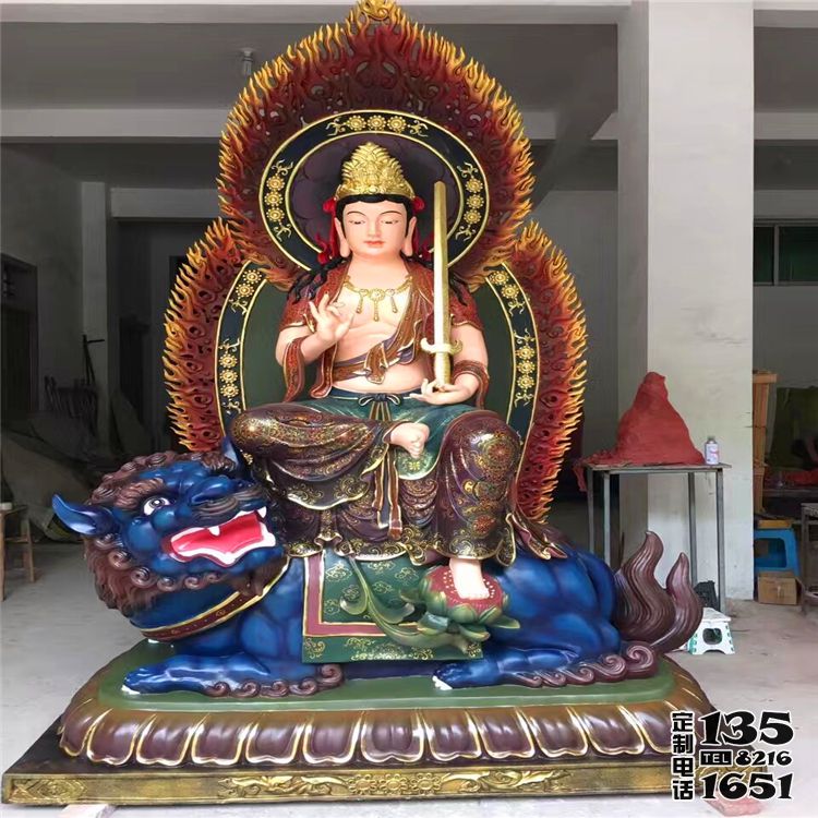 寺庙大型佛像景观玻璃钢彩绘文殊普贤雕塑 寺庙大型佛像景观玻璃钢彩绘文殊普贤雕塑