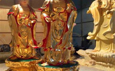 玻璃钢彩绘漆金大型景观供奉三圣雕塑
