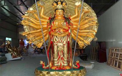 景区玻璃钢彩绘贴金千手观音雕塑