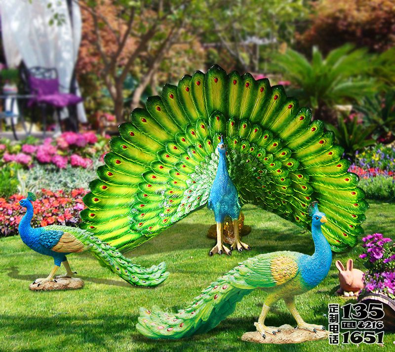 花园摆放的玻璃钢彩绘仿真动物孔雀雕塑