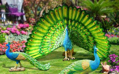 花园摆放的玻璃钢彩绘仿真动物孔雀雕塑