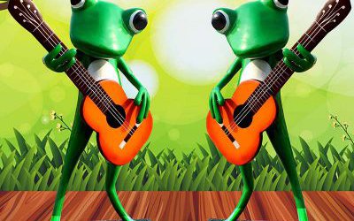 景区两只弹吉他的玻璃钢卡通青蛙雕塑