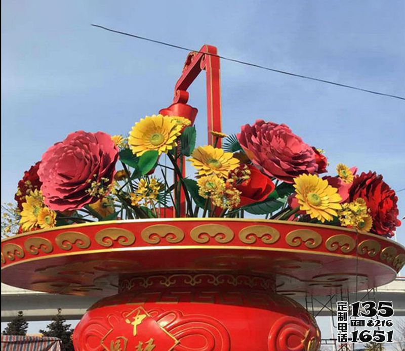 广场玻璃钢彩绘仿真花朵大花篮雕塑 广场玻璃钢彩绘仿真花朵大花篮雕塑