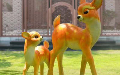 景区游乐场创意玻璃钢彩绘卡通鹿雕塑