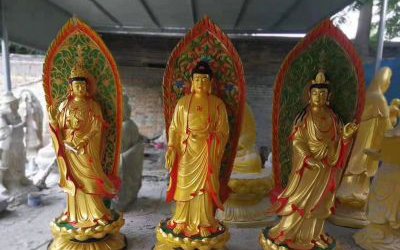 玻璃钢宗教庙宇漆金立式西方三圣佛雕塑