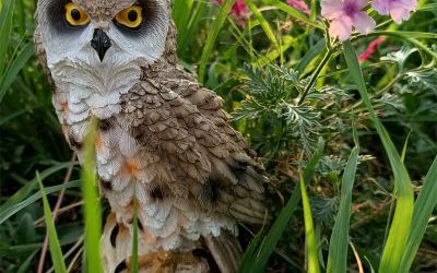 公园草丛中一只玻璃钢仿真动物猫头鹰雕塑