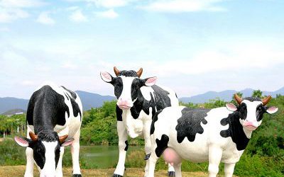 户外池塘三只玻璃钢仿真奶牛雕塑