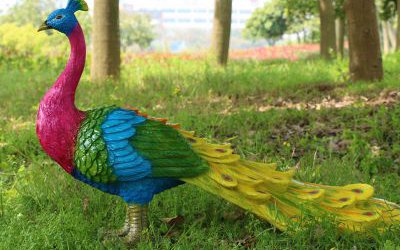 户外草坪一只玻璃钢彩绘仿真动物孔雀雕塑