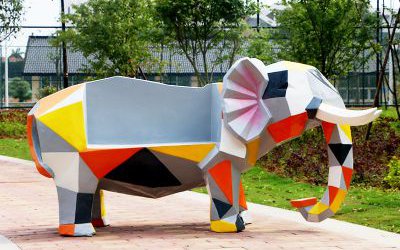 几何块面卡通大象座椅玻璃钢雕塑园林公园景区装饰品
