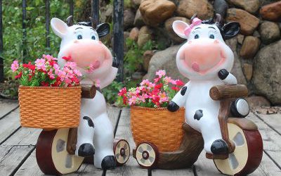 户外花园玻璃钢卡通奶牛造型花盆雕塑