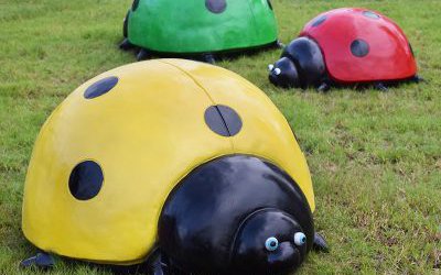 草地上摆放的三只不同颜色的玻璃钢彩绘七星瓢虫雕塑