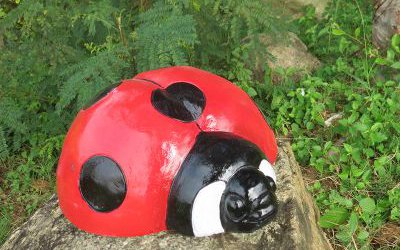 在石头上趴着的玻璃钢彩绘七星瓢虫雕塑