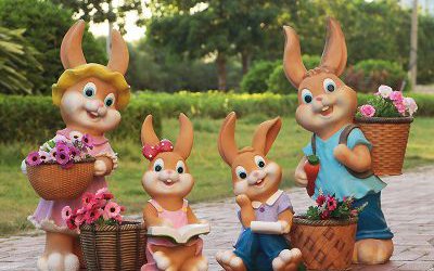 户外草坪玻璃钢彩绘创意可爱兔子花盆雕塑