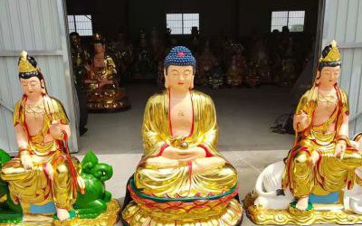 玻璃钢彩绘喷金烤漆打坐的文殊普贤雕塑