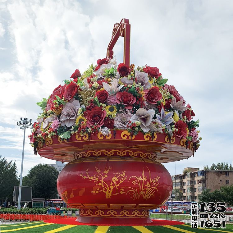 广场大型喜迎国庆天安门玻璃钢大花篮雕塑 广场大型喜迎国庆天安门玻璃钢大花篮雕塑