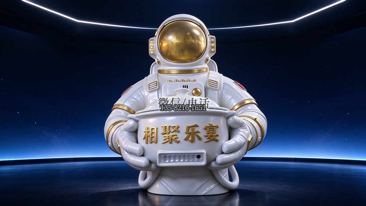5米玻璃钢宇航员抱砂锅雕塑案例：3D打印成型，落地镇江餐饮门店